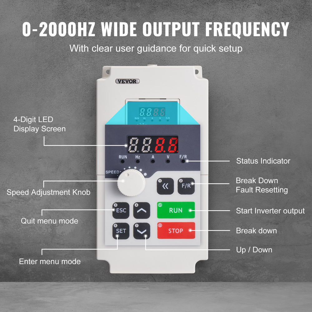 VEVOR VFD 7.5HP, 5.5KW, 25A, 1 or 3 Phase AC 220V Input to 3 Phase AC 0~220V Output Variable Frequency Drive, 50/60Hz Input, 0-2000Hz Output VFD for Spindle Motor Speed Control