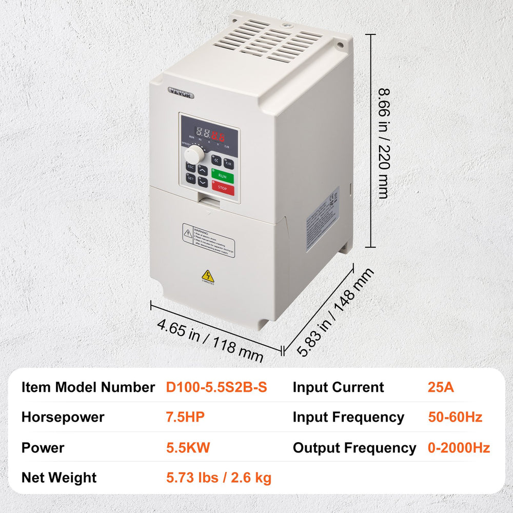 VEVOR VFD 7.5HP, 5.5KW, 25A, 1 or 3 Phase AC 220V Input to 3 Phase AC 0~220V Output Variable Frequency Drive, 50/60Hz Input, 0-2000Hz Output VFD for Spindle Motor Speed Control