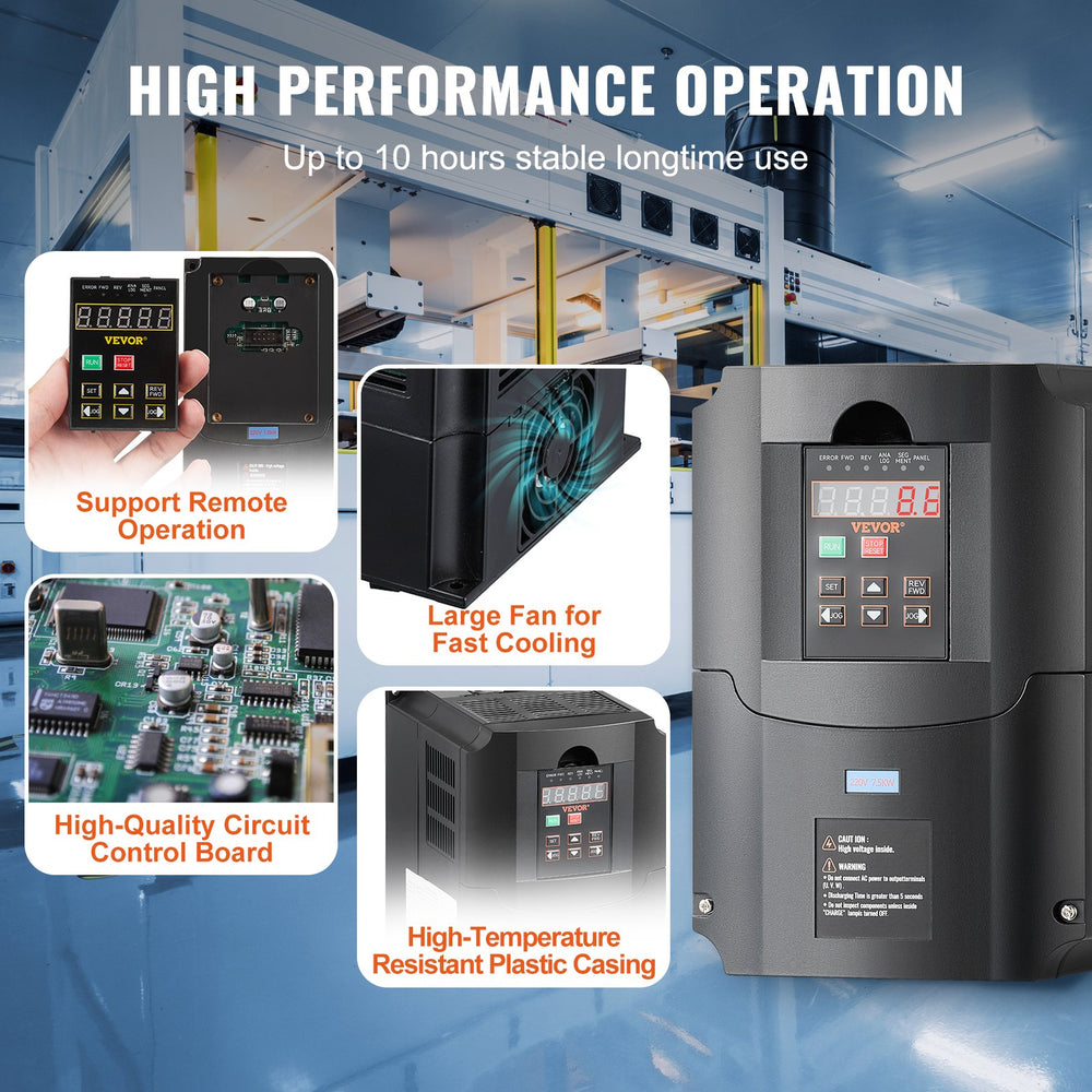 VEVOR VFD 10HP, 7.5KW, 35A, 1 or 3 Phase 220V Input to 3 Phase 220V Output Variable Frequency Drive, 40-60Hz Input, 0-400Hz Output VFD for Spindle Motor CNC Speed Control