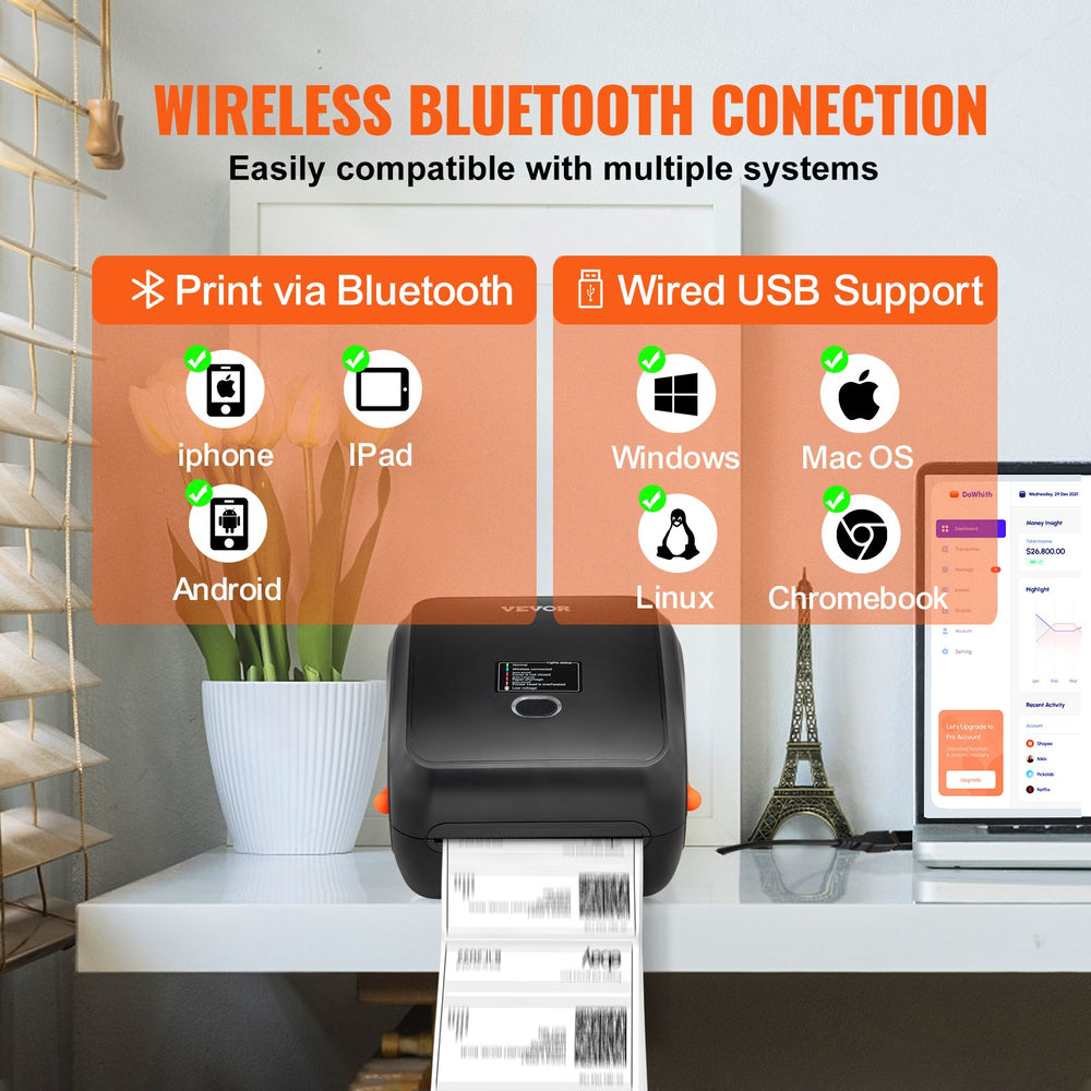 VEVOR Thermal Label Printer, 300DPI for 4x6 Mailing Packages, Wireless Bluetooth & Automatic Label Recognition, Support Windows/MacOS/Linux/Android/IOS, Compatible with Amazon, eBay, Etsy,etc
