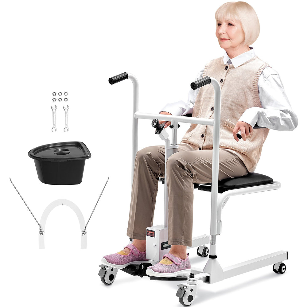 VEVOR Electric Patient Lift Transfer Chair, One-Button Electric Lift Wheelchair with 180° Split Seat & Bedpan, Bathroom Bedside Commode Chair with Locking Swivel Casters for Seniors Disabled, 220LBS