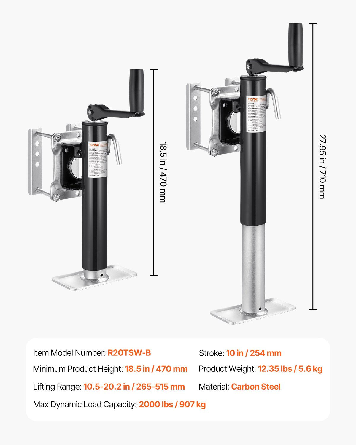VEVOR Trailer Jack, 2000 lbs Dynamic Load Capacity, Heavy Duty Swivel Bolt-on Trailer Jack, 10" Lift Trailer Jack Stand with Handle for RV Trailer, Horse Trailer, Utility Trailer, and Yacht Trailer