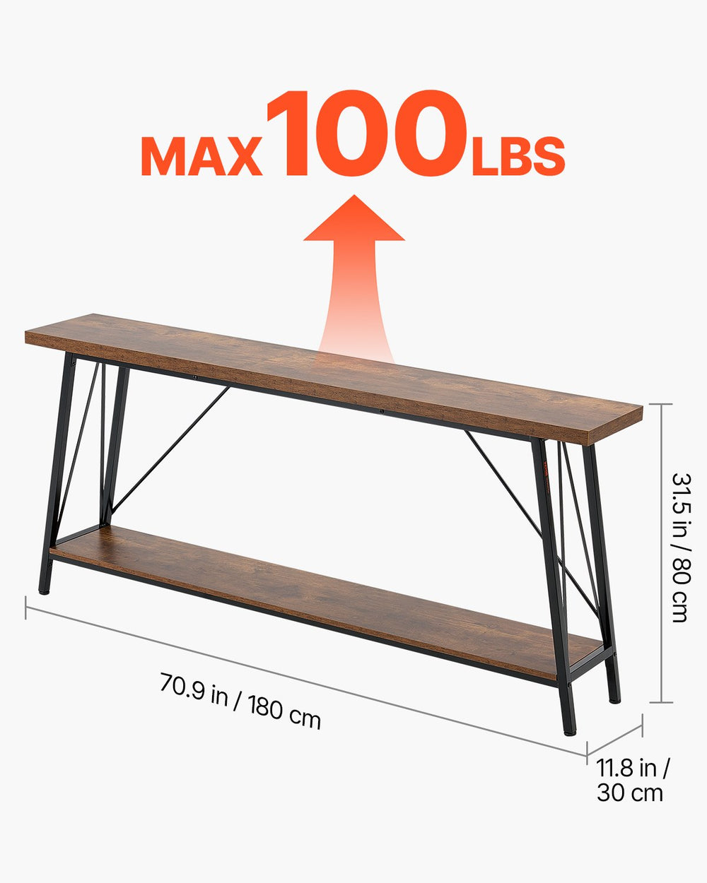 VEVOR Narrow Console Sofa Table, 70.9 inches Behind Couch Table, 2-Tier Long Entryway Table and Skinny Hallway Table, Narrow Sofa Table with Metal Frame, for Entryway, Hallway, Living Room & Bedroom