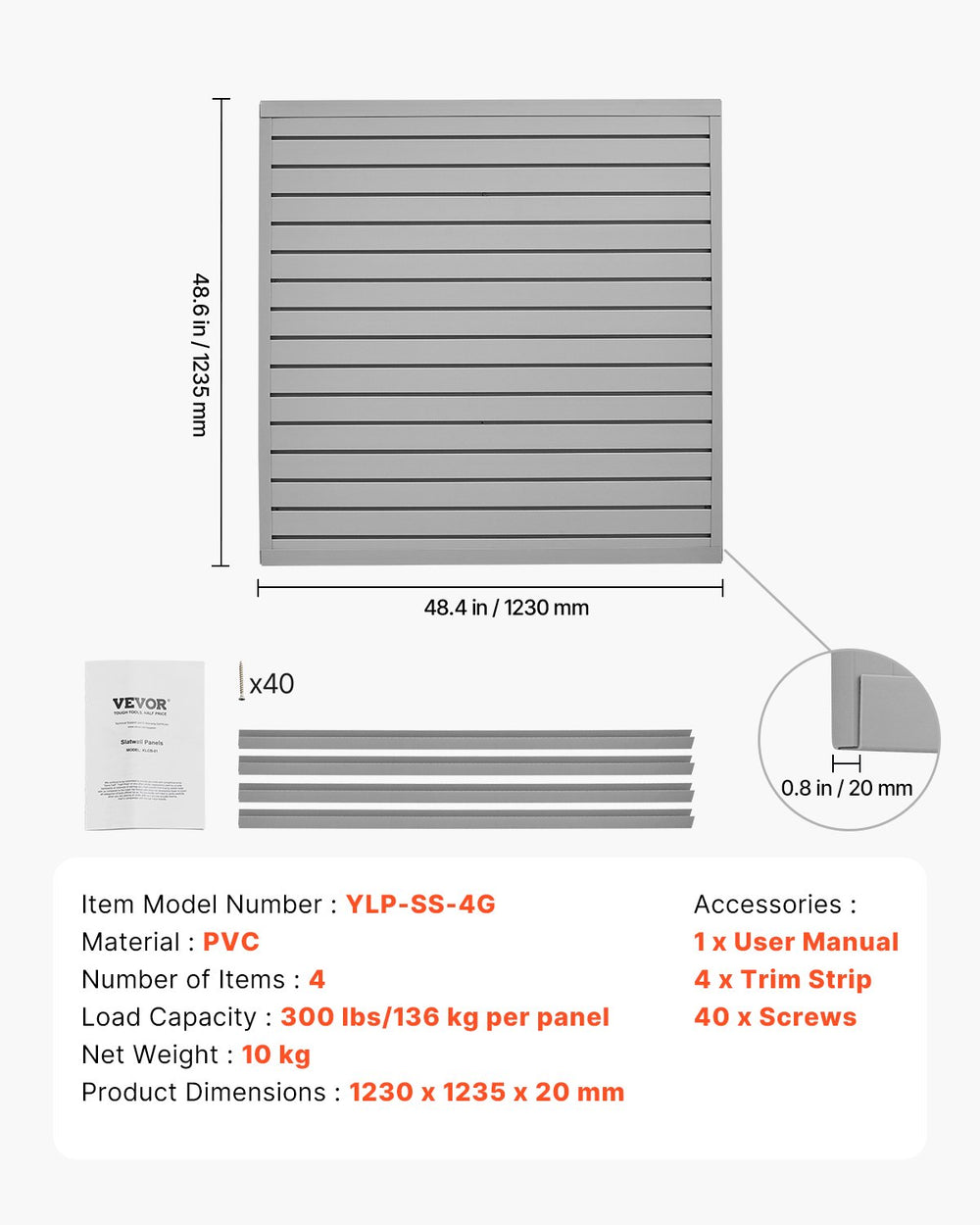 VEVOR Slat Wall Paneling, 4 x 4 ft, PVC Garage Slatwall with Modular Design, Grey Slat Wall Easy-to-Install Adjustable Slatwall Panel with Coupling Structure & DIY Cutting, Fits for Storage & Display