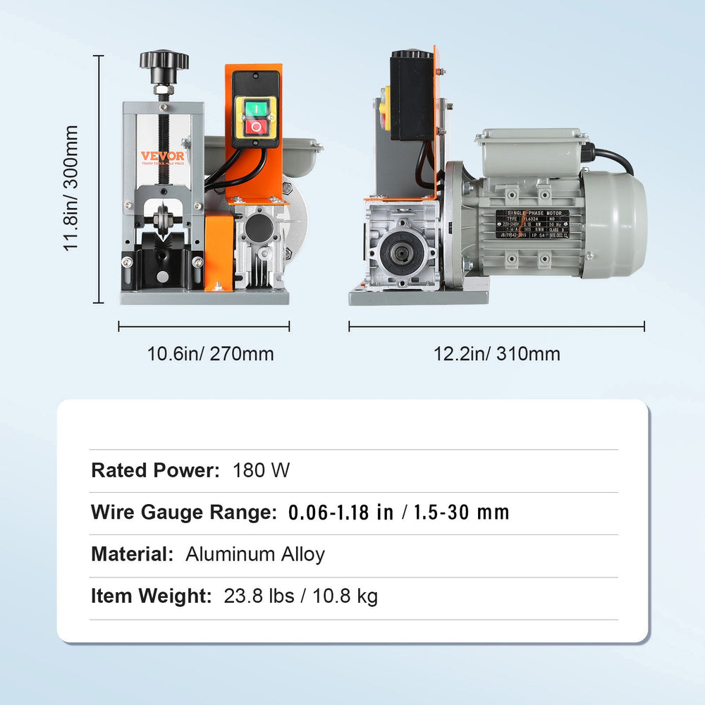 VEVOR Automatic Wire Stripping Machine, 1.5mm-30mm Electric Motorized Cable Stripper, 180W, 18.3 m/min Wire Peeler with Visible Stripping Depth Reference, for Scrap Copper Recycling