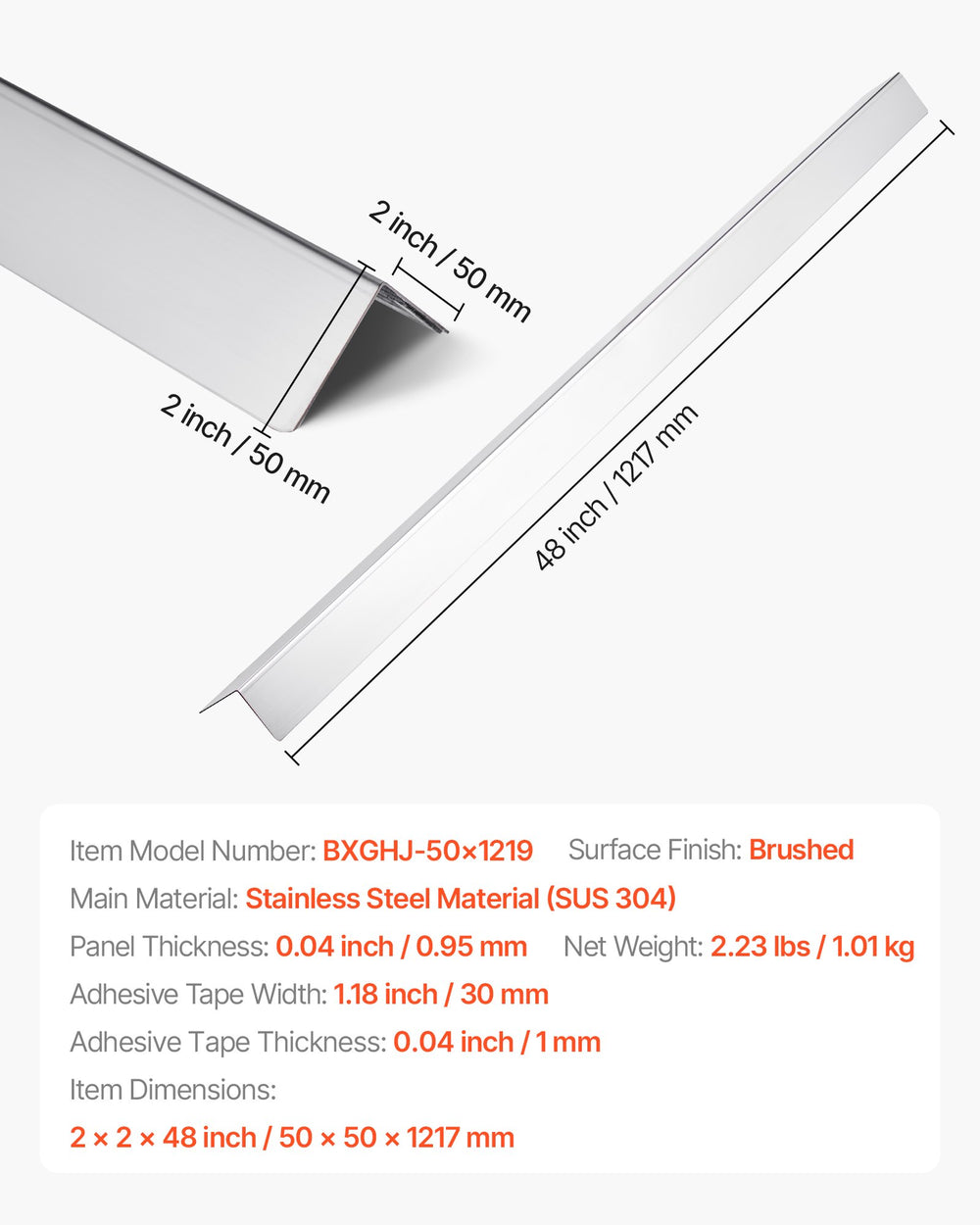VEVOR Stainless Steel Wall Corner Protector, 50 x 50 x 1217 mm, 10 Pack Metal Corner Guards, 304 Stainless Steel Edge Trim 90-Degree Angle for Home,Office,Commercial Wall Protection, with 3m Tape