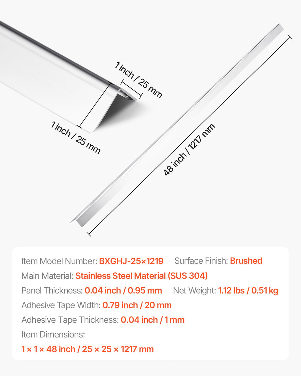 VEVOR Stainless Steel Wall Corner Protector, 25 x 25 x 1217 mm , 10 Pack Metal Corner Guards, 304 Stainless Steel Edge Trim 90-Degree Angle for Home,Office,Commercial Wall Protection, with 3m Tape