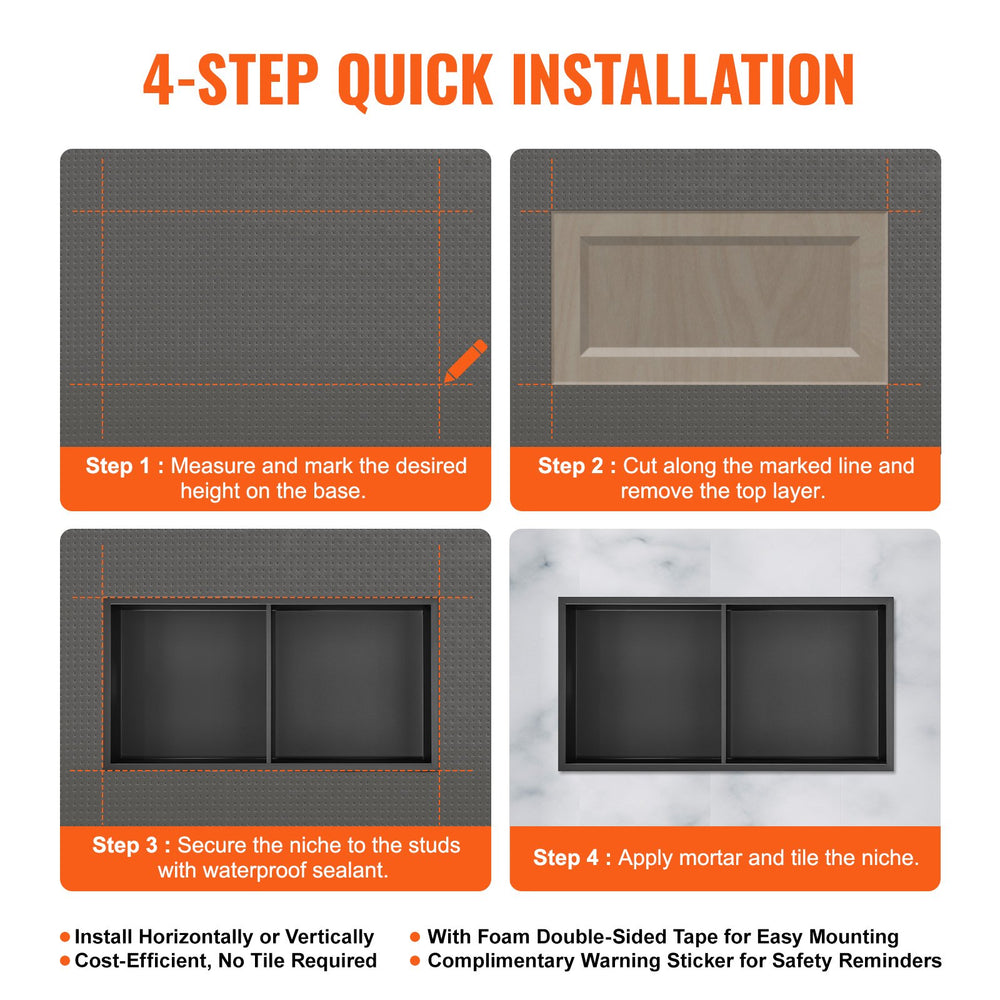 VEVOR 33.02 x 63.5 cm No Tile Shower Niche 304 Stainless Steel, Wall-Inserted Niche Recessed Double Shelves, Sealed Waterproof Rust-Resistant Modern Niche for Shower or Soap Storage Bathroom