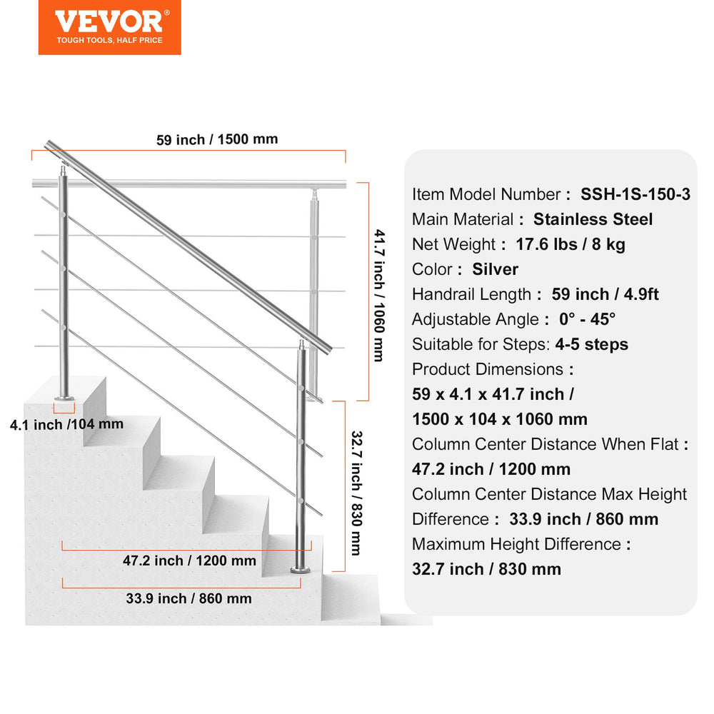 VEVOR 149.9 cm Handrails for Outdoor Steps 3 Crossbars Staircase for Porch Deck