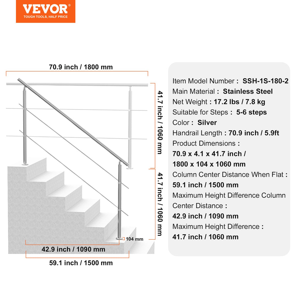 VEVOR 180.1 cm Handrails for Outdoor Steps 2 Crossbars Staircase for Porch Deck