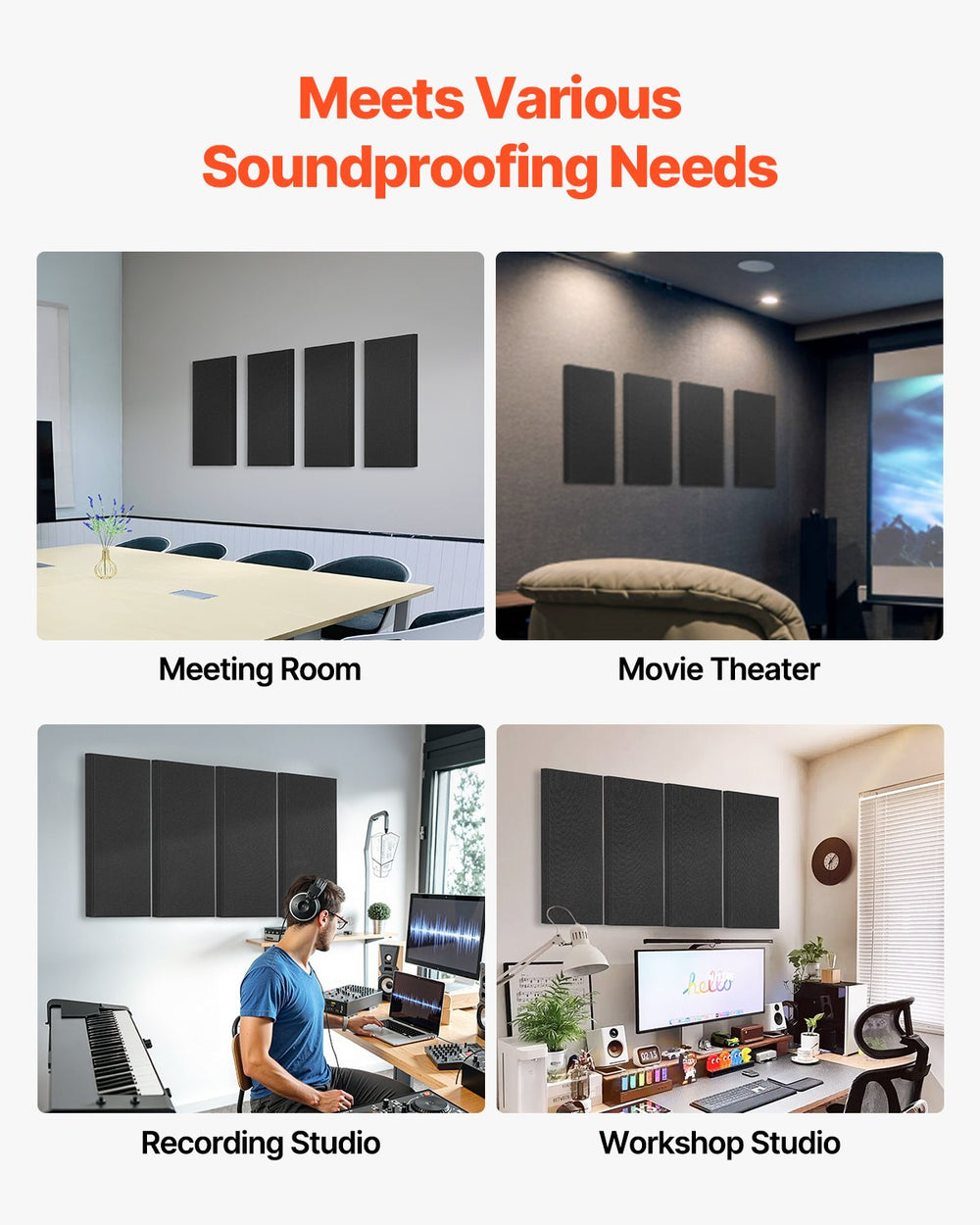 VEVOR 4 PCS Acoustic Panels, 2 inch Thick 23.6 x 11.8 inch Fiberglass Sound Absorbing Panels, Self-adhesive Soundproof Wall Boards, for Studios, Office, Home Theater,Meeting Room, Black