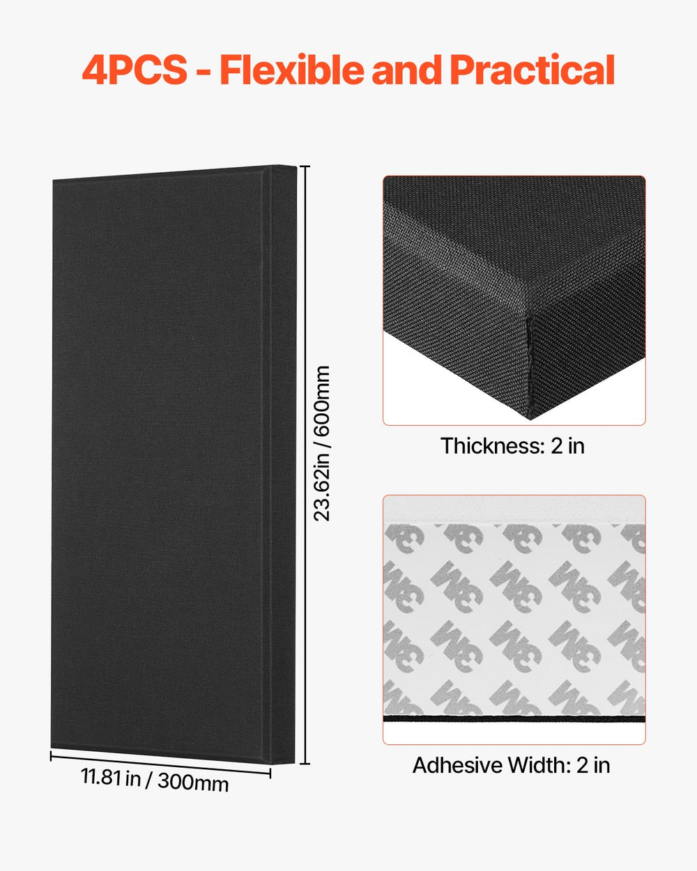 VEVOR 4 PCS Acoustic Panels, 2 inch Thick 23.6 x 11.8 inch Fiberglass Sound Absorbing Panels, Self-adhesive Soundproof Wall Boards, for Studios, Office, Home Theater,Meeting Room, Black