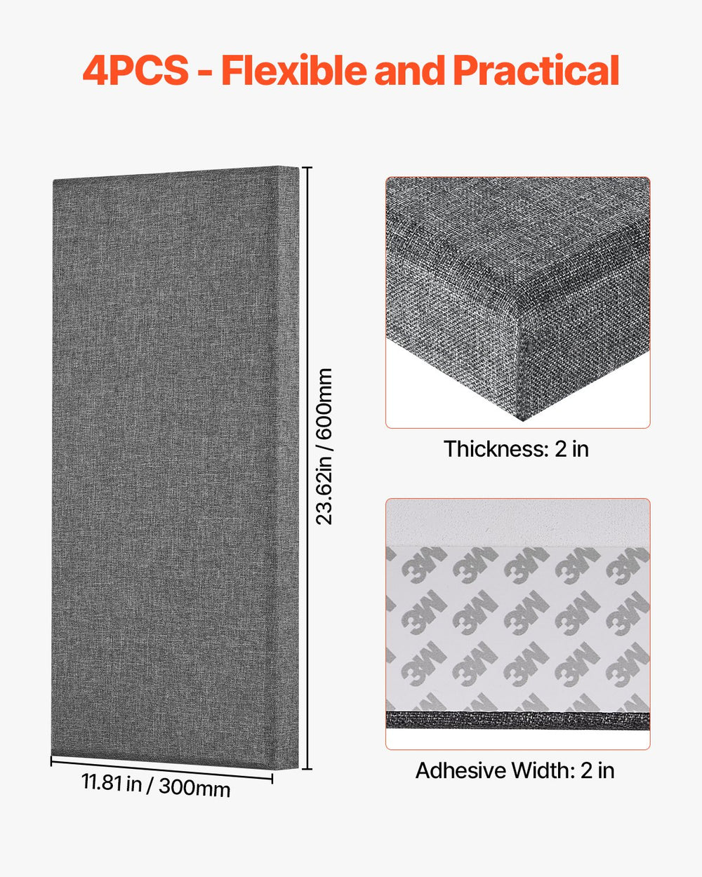 VEVOR 4 PCS Acoustic Panels, 2 inch Thick 23.6 x 11.8 inch Fiberglass Sound Absorbing Panels, Self-adhesive Soundproof Wall Boards, for Studios, Office, Home Theater,Meeting Room, Gray