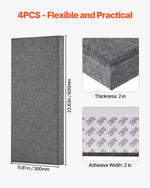 VEVOR 4 PCS Acoustic Panels, 2 inch Thick 23.6 x 11.8 inch Fiberglass Sound Absorbing Panels, Self-adhesive Soundproof Wall Boards, for Studios, Office, Home Theater,Meeting Room, Gray
