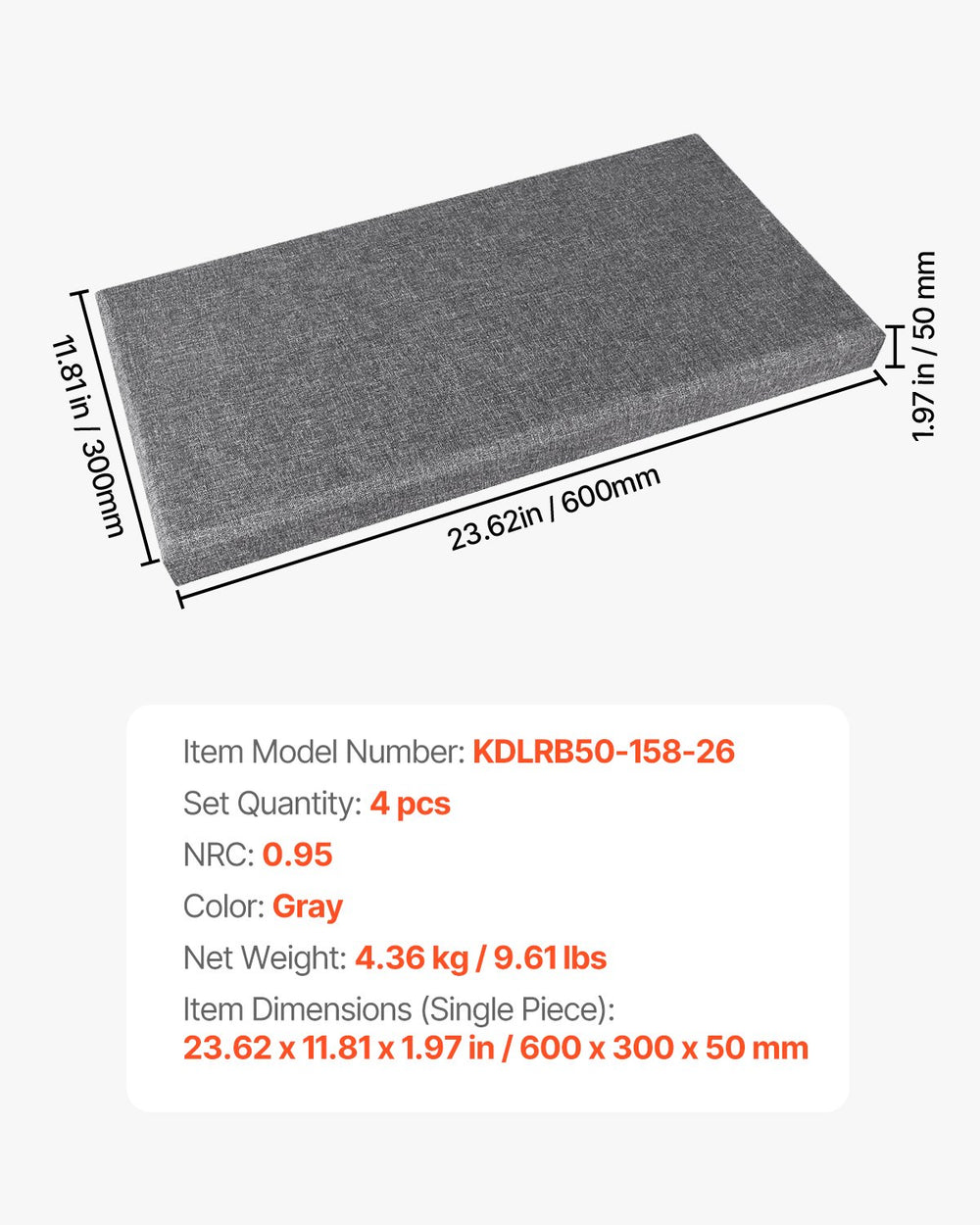 VEVOR 4 PCS Acoustic Panels, 2 inch Thick 23.6 x 11.8 inch Fiberglass Sound Absorbing Panels, Self-adhesive Soundproof Wall Boards, for Studios, Office, Home Theater,Meeting Room, Gray