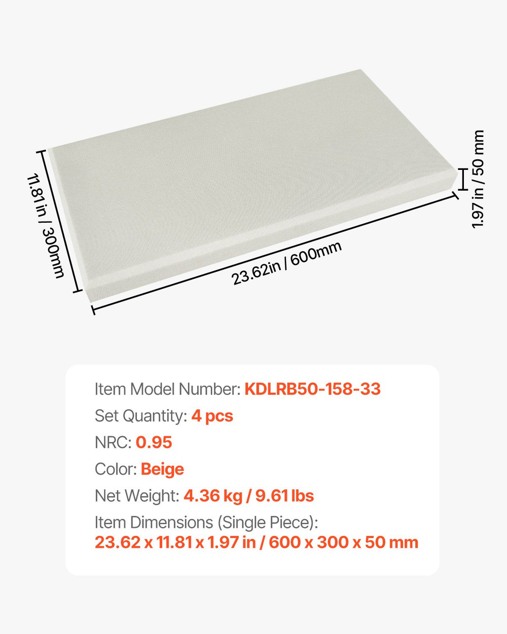 VEVOR 4 PCS Acoustic Panels, 2 inch Thick 23.6 x 11.8 inch Fiberglass Sound Absorbing Panels, Self-adhesive Soundproof Wall Boards, for Studios, Office, Home Theater,Meeting Room, Beige