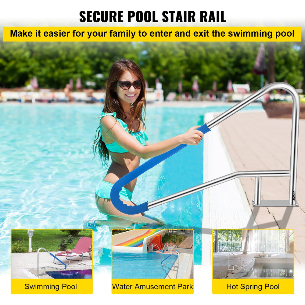 VEVOR Pool Rail 54x36" Pool Railing 304 Stainless Steel 250LBS Load Capacity Silver Rustproof Pool Handrail Humanized Swimming Pool Handrail with Blue Grip Cover & M8 Drill Bit & Self-taping Screws
