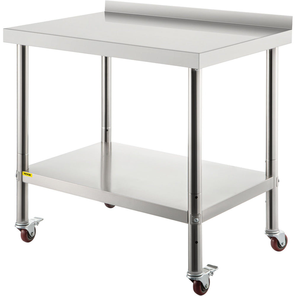 VEVOR Stainless Steel Prep Table, 30 x 24 x 35 Inch, 440lbs Load Capacity Heavy Duty Metal Worktable with Backsplash Adjustable Undershelf & 4 Casters, Commercial Workstation for Kitchen Restaurant