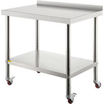 VEVOR Stainless Steel Prep Table, 30 x 24 x 35 Inch, 440lbs Load Capacity Heavy Duty Metal Worktable with Backsplash Adjustable Undershelf & 4 Casters, Commercial Workstation for Kitchen Restaurant