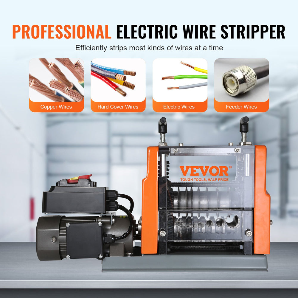 VEVOR Automatic Wire Stripping Machine, 1.5mm-25mm Electric Motorized Cable Stripper, 60 W, Wire Peeler with Visible Stripping Depth Reference, 6 Round & 1 Flat Channels for Scrap Copper Recycling