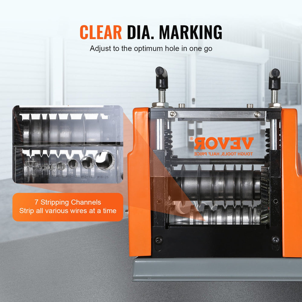 VEVOR Automatic Wire Stripping Machine, 1.5mm-25mm Electric Motorized Cable Stripper, 60 W, Wire Peeler with Visible Stripping Depth Reference, 6 Round & 1 Flat Channels for Scrap Copper Recycling