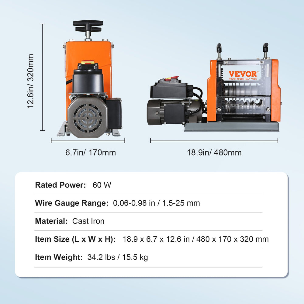 VEVOR Automatic Wire Stripping Machine, 1.5mm-25mm Electric Motorized Cable Stripper, 60 W, Wire Peeler with Visible Stripping Depth Reference, 6 Round & 1 Flat Channels for Scrap Copper Recycling