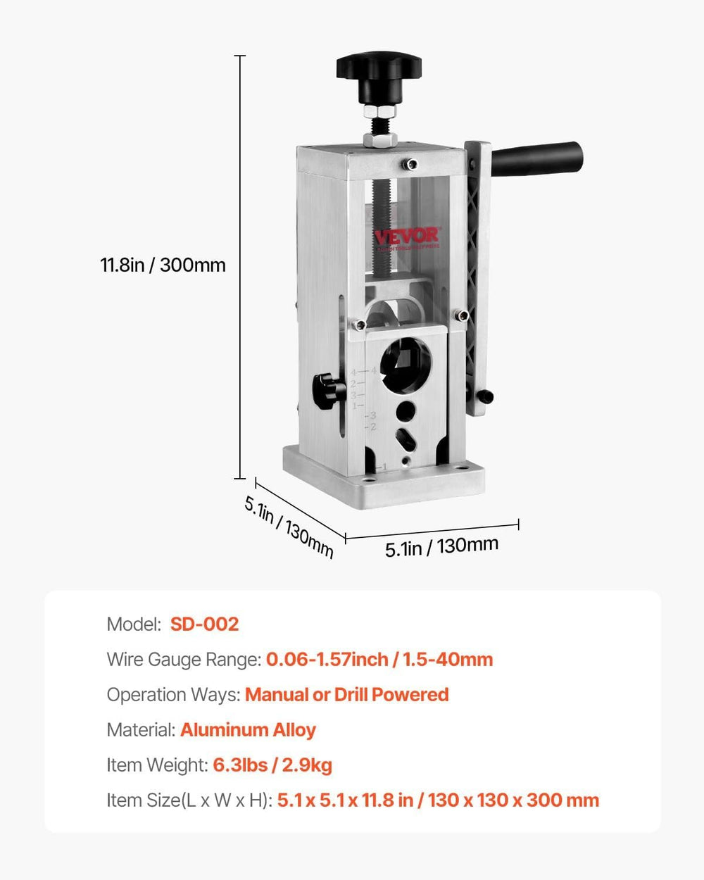 VEVOR Manual Wire Stripping Machine, 1.5mm-40mm Copper Stripper with Hand Crank or Drill Powered, Visible Stripping Depth Reference, Portable Aluminum Frame Wire Peeler for Scrap Copper Recycling