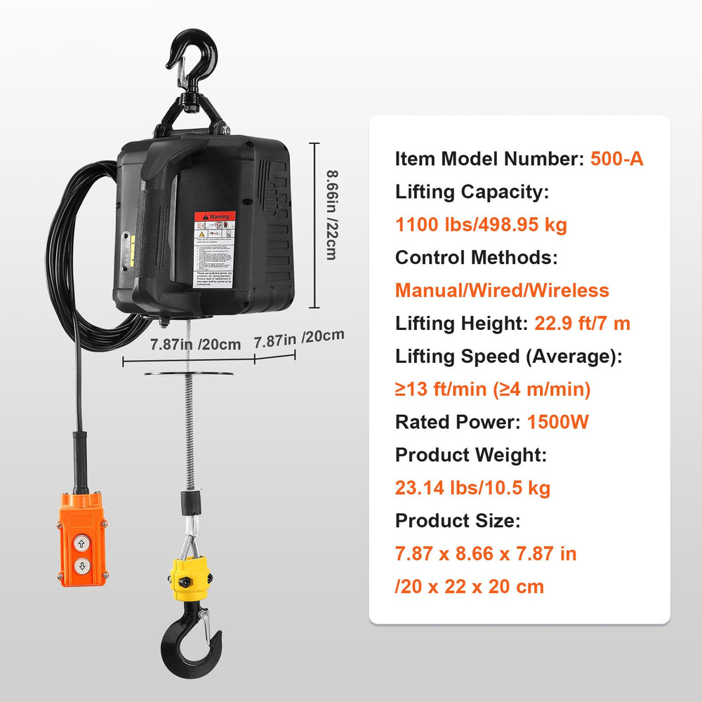 VEVOR 3-in-1 Portable Electric Hoist Winch 499 kg Wired/Wireless Remote Control
