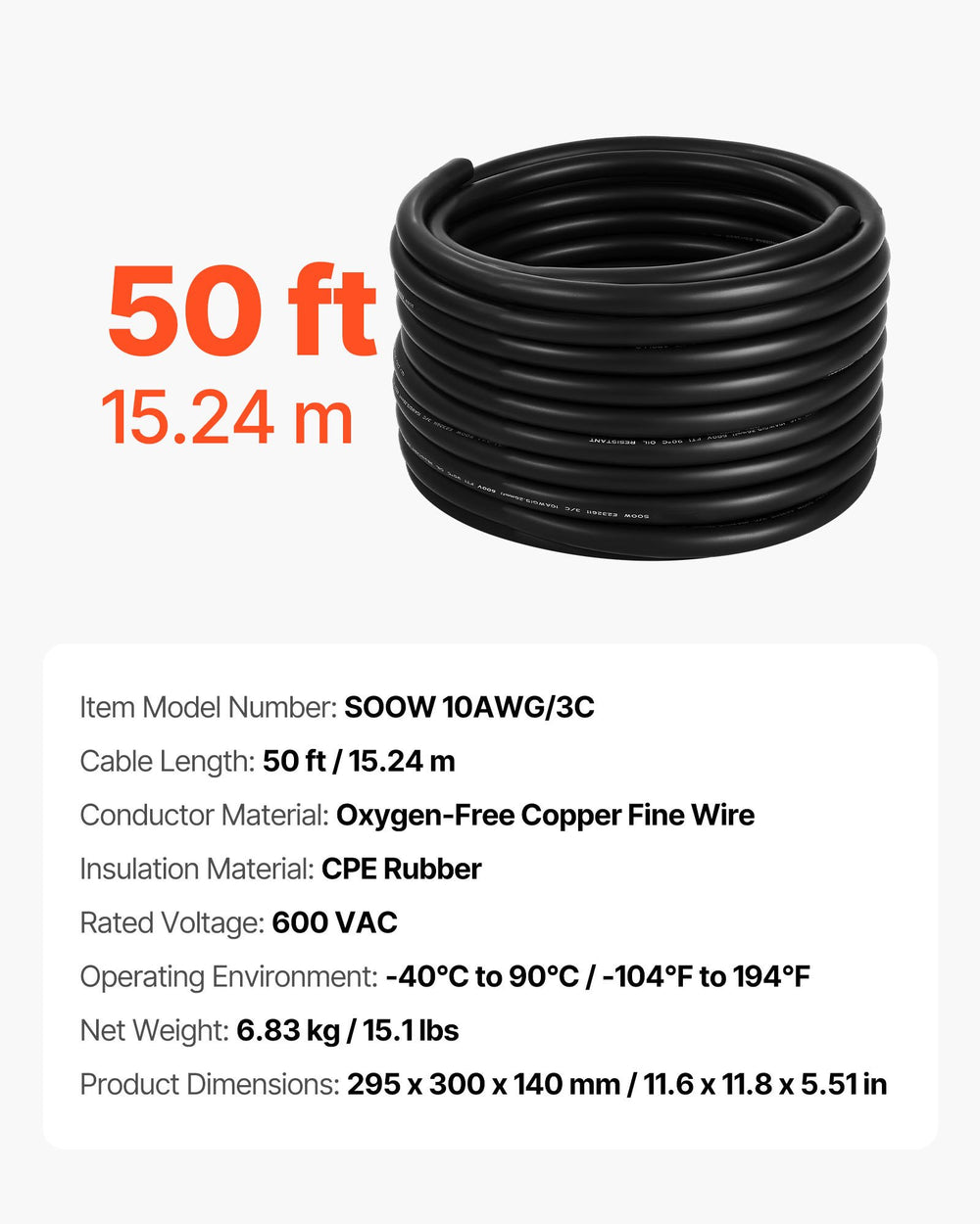 VEVOR 50 FT(15.24 m) 10AWG (6 mm²) Premium Electrical Power Cable Copper Extension Cord Wire