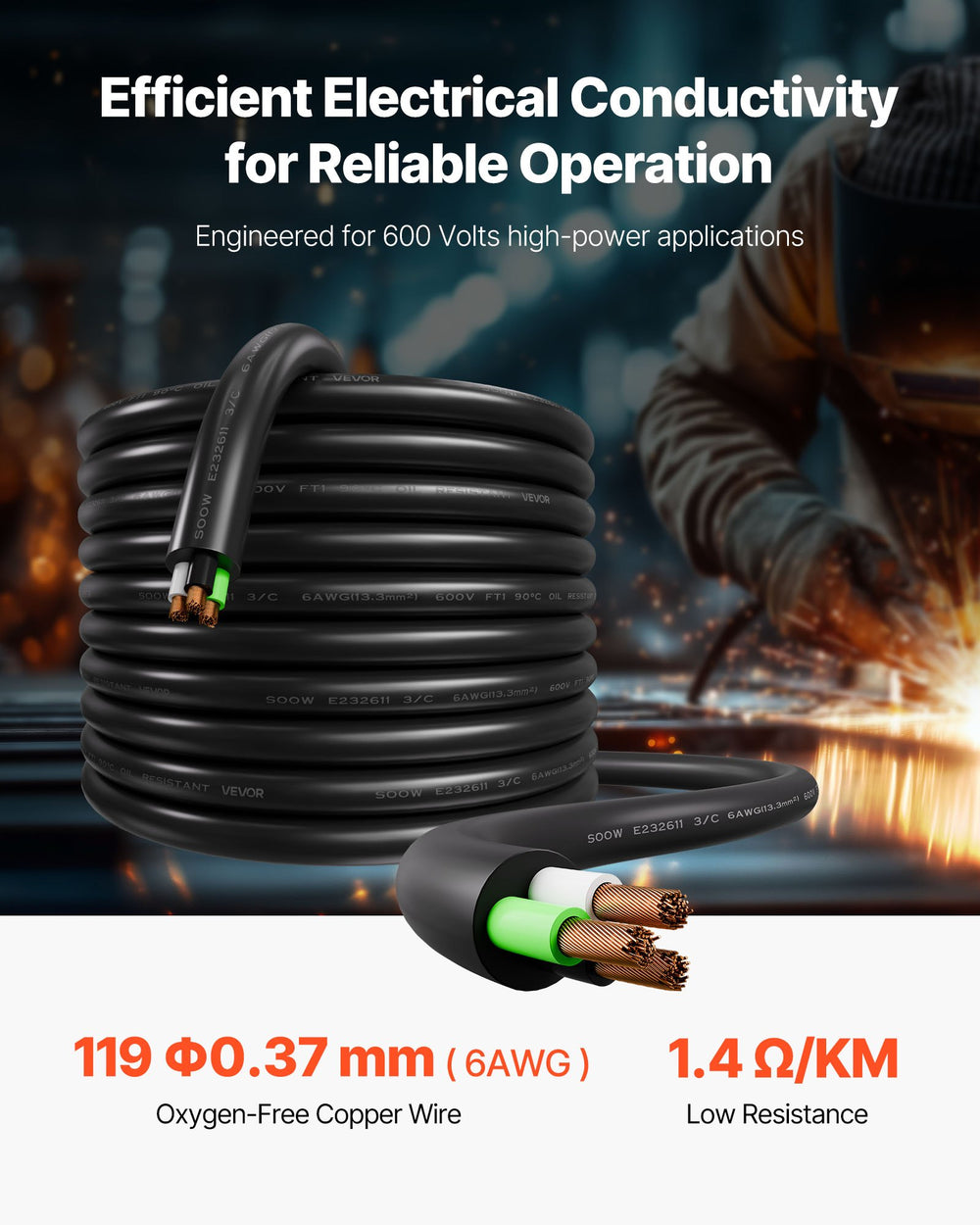 VEVOR 25 FT(7.62 m) 6AWG (16 mm²) Premium Electrical Power Cable Extension Cord Copper Wire