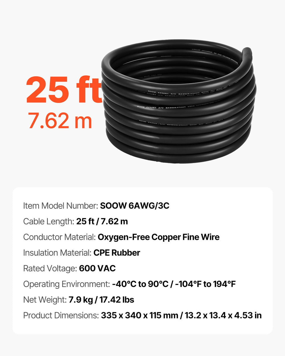 VEVOR 25 FT(7.62 m) 6AWG (16 mm²) Premium Electrical Power Cable Extension Cord Copper Wire