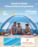 VEVOR Beach Tent Sun Shelter for 3 Person, UPF 50+ Protection, Portable Sun Shade Canopy with Carrying Bag & Sand Pockets, Lightweight and Easy Setup Beach Umbrella for Camping Fishing Outdoor Picnic