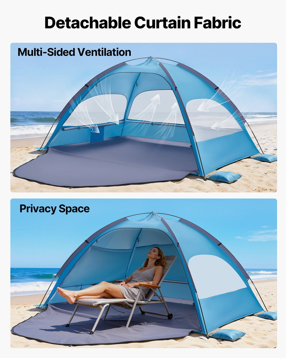 VEVOR Beach Tent Sun Shelter for 3 Person, UPF 50+ Protection, Portable Sun Shade Canopy with Carrying Bag & Sand Pockets, Lightweight and Easy Setup Beach Umbrella for Camping Fishing Outdoor Picnic