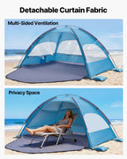 VEVOR Beach Tent Sun Shelter for 3 Person, UPF 50+ Protection, Portable Sun Shade Canopy with Carrying Bag & Sand Pockets, Lightweight and Easy Setup Beach Umbrella for Camping Fishing Outdoor Picnic