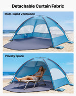 VEVOR Beach Tent Sun Shelter for 3 Person, UPF 50+ Protection, Portable Sun Shade Canopy with Carrying Bag & Sand Pockets, Lightweight and Easy Setup Beach Umbrella for Camping Fishing Outdoor Picnic