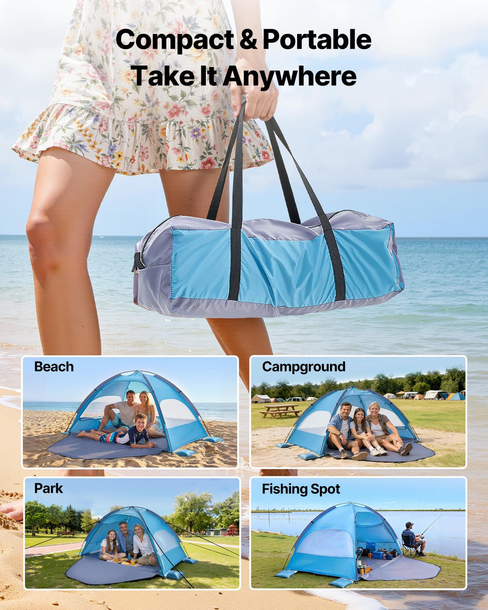 VEVOR Beach Tent Sun Shelter for 3 Person, UPF 50+ Protection, Portable Sun Shade Canopy with Carrying Bag & Sand Pockets, Lightweight and Easy Setup Beach Umbrella for Camping Fishing Outdoor Picnic