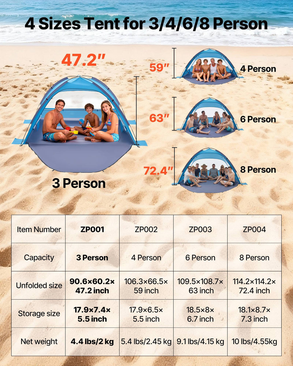 VEVOR Beach Tent Sun Shelter for 3 Person, UPF 50+ Protection, Portable Sun Shade Canopy with Carrying Bag & Sand Pockets, Lightweight and Easy Setup Beach Umbrella for Camping Fishing Outdoor Picnic