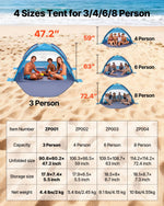 VEVOR Beach Tent Sun Shelter for 3 Person, UPF 50+ Protection, Portable Sun Shade Canopy with Carrying Bag & Sand Pockets, Lightweight and Easy Setup Beach Umbrella for Camping Fishing Outdoor Picnic