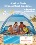 VEVOR Beach Tent Sun Shelter for 4 Person, UPF 50+ Protection, Portable Sun Shade Canopy with Carrying Bag & Sand Pockets, Lightweight and Easy Setup Beach Umbrella for Camping Fishing Outdoor Picnic