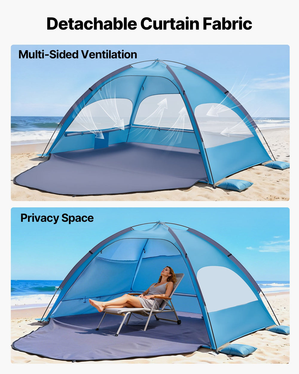 VEVOR Beach Tent Sun Shelter for 4 Person, UPF 50+ Protection, Portable Sun Shade Canopy with Carrying Bag & Sand Pockets, Lightweight and Easy Setup Beach Umbrella for Camping Fishing Outdoor Picnic