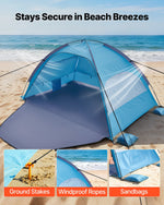 VEVOR Beach Tent Sun Shelter for 4 Person, UPF 50+ Protection, Portable Sun Shade Canopy with Carrying Bag & Sand Pockets, Lightweight and Easy Setup Beach Umbrella for Camping Fishing Outdoor Picnic
