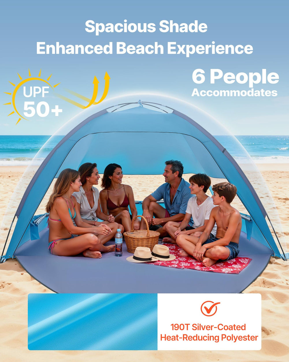 VEVOR Beach Tent Sun Shelter for 6 Person, UPF 50+ Protection, Portable Sun Shade Canopy with Carrying Bag & Sand Pockets, Lightweight and Easy Setup Beach Umbrella for Camping Fishing Outdoor Picnic