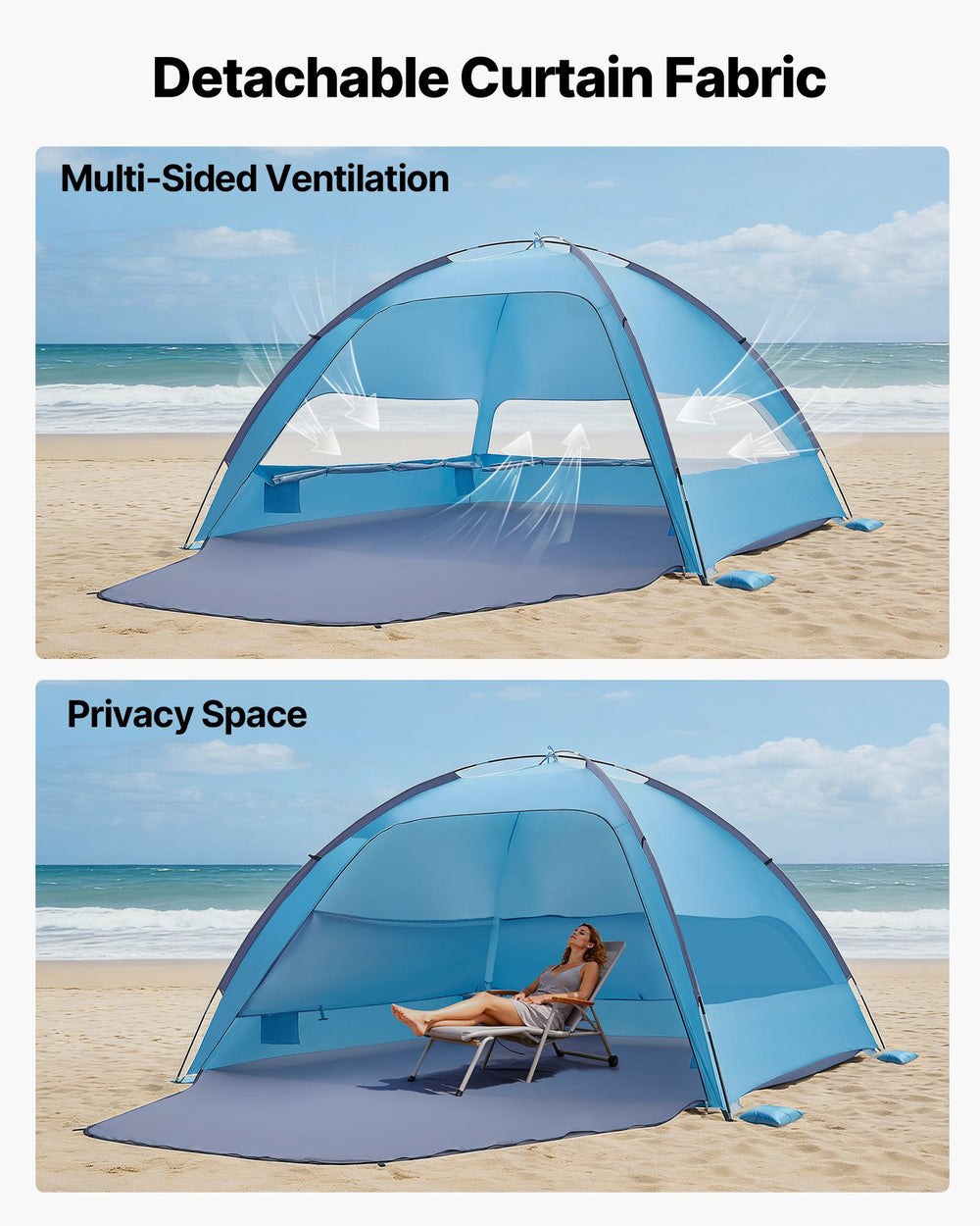 VEVOR Beach Tent Sun Shelter for 6 Person, UPF 50+ Protection, Portable Sun Shade Canopy with Carrying Bag & Sand Pockets, Lightweight and Easy Setup Beach Umbrella for Camping Fishing Outdoor Picnic