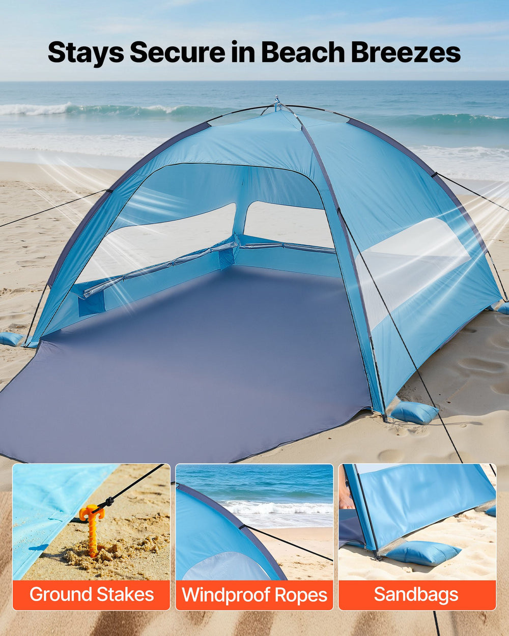 VEVOR Beach Tent Sun Shelter for 6 Person, UPF 50+ Protection, Portable Sun Shade Canopy with Carrying Bag & Sand Pockets, Lightweight and Easy Setup Beach Umbrella for Camping Fishing Outdoor Picnic