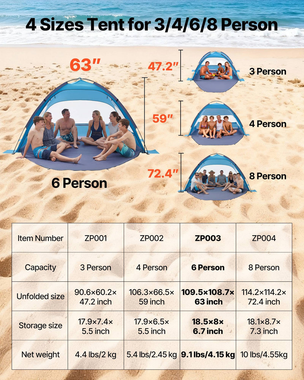 VEVOR Beach Tent Sun Shelter for 6 Person, UPF 50+ Protection, Portable Sun Shade Canopy with Carrying Bag & Sand Pockets, Lightweight and Easy Setup Beach Umbrella for Camping Fishing Outdoor Picnic