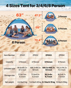 VEVOR Beach Tent Sun Shelter for 6 Person, UPF 50+ Protection, Portable Sun Shade Canopy with Carrying Bag & Sand Pockets, Lightweight and Easy Setup Beach Umbrella for Camping Fishing Outdoor Picnic
