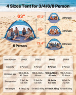 VEVOR Beach Tent Sun Shelter for 6 Person, UPF 50+ Protection, Portable Sun Shade Canopy with Carrying Bag & Sand Pockets, Lightweight and Easy Setup Beach Umbrella for Camping Fishing Outdoor Picnic