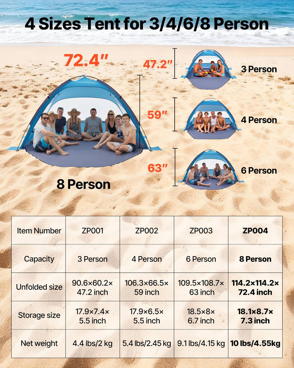 VEVOR Beach Tent Sun Shelter for 8 Person, UPF 50+ Protection, Portable Sun Shade Canopy with Carrying Bag & Sand Pockets, Lightweight and Easy Setup Beach Umbrella for Camping Fishing Outdoor Picnic
