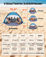 VEVOR Beach Tent Sun Shelter for 8 Person, UPF 50+ Protection, Portable Sun Shade Canopy with Carrying Bag & Sand Pockets, Lightweight and Easy Setup Beach Umbrella for Camping Fishing Outdoor Picnic