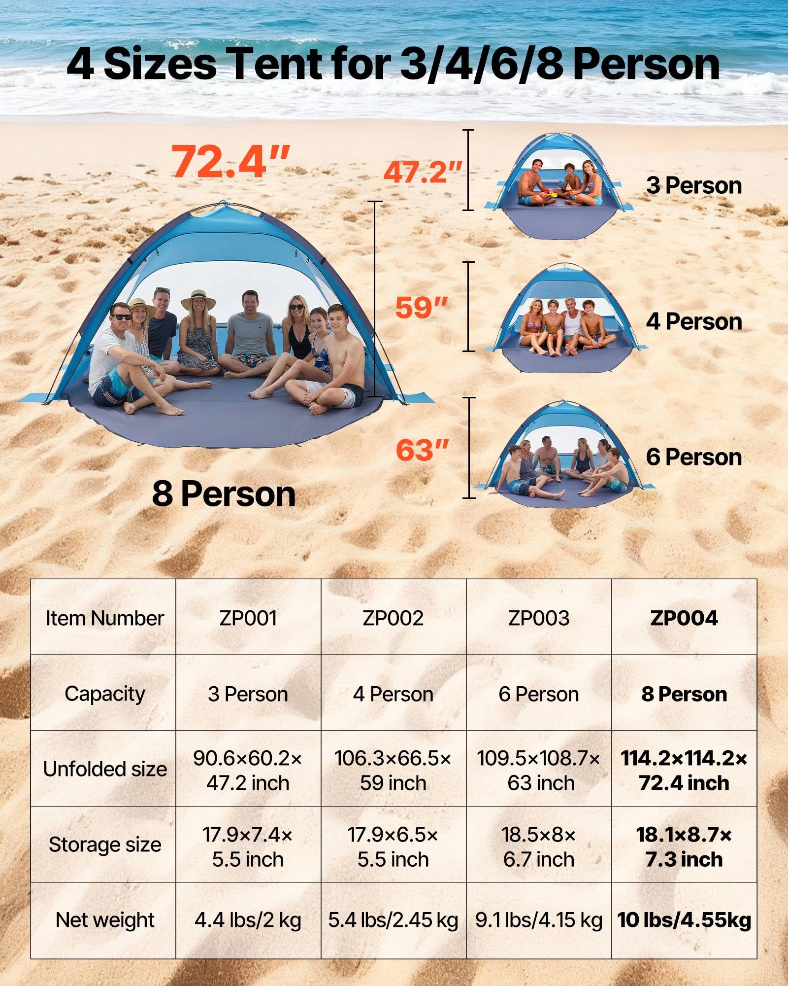 VEVOR Beach Tent Sun Shelter for 8 Person, UPF 50+ Protection, Portable Sun Shade Canopy with Carrying Bag & Sand Pockets, Lightweight and Easy Setup Beach Umbrella for Camping Fishing Outdoor Picnic